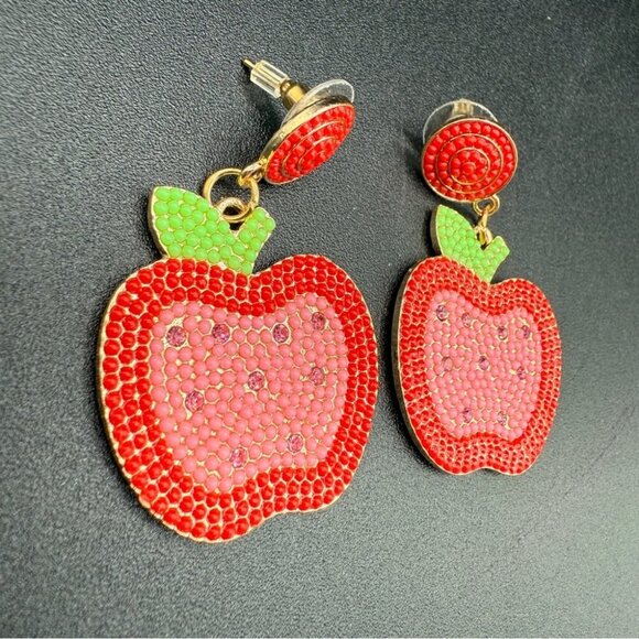 Apple-Shaped Cute School Teacher Beaded Earrings with Rhinestones - Picture 3 of 8